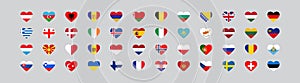 European country flag in heart. 48 national flags. Vector set icons