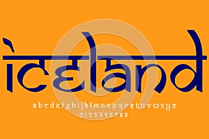 European country Iceland name text design. Indian style Latin font design, Devanagari inspired alphabet, letters and numbers,