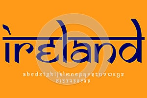 European country Ireland name text design. Indian style Latin font design, Devanagari inspired alphabet, letters and numbers,