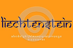 European country Liechtenstein name text design. Indian style Latin font design, Devanagari inspired alphabet, letters and numbers