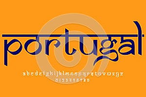 European country Portugal name text design. Indian style Latin font design, Devanagari inspired alphabet, letters and numbers,