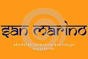 European country San Marino name text design. Indian style Latin font design, Devanagari inspired alphabet, letters and numbers,