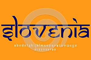 European country Slovenia name text design. Indian style Latin font design, Devanagari inspired alphabet, letters and numbers,