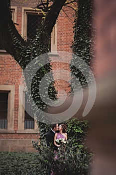 European couple, bride and groom kissing in the park near big tree