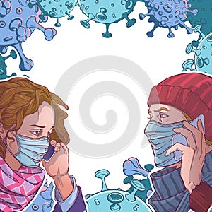 European couple wearing medical protection face mask and speaking on the phone.