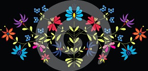 European Culture Inspired Folk Floral pattern in color on black background