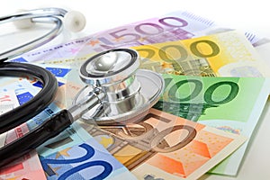 European currency sick concept: stethoscope on euro banknotes