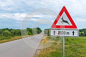 European Deer crossing road traffic sign, Deer Xing in nature