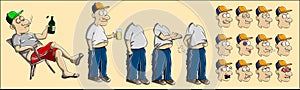 European driver character drawing with different facial expressions and body poses. Cartoon man with blue jeans tracksuit and whi