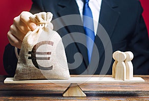 European euro EUR symbol on money bag and people on scales. concept attracting investment, business cooperation, crowdfunding