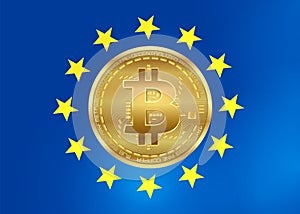 European flag with Bitcoin icon, background currency, glowing bright lights, blank