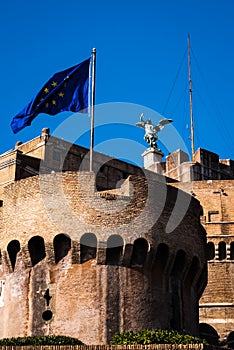 European flag on the castle Sant Angelo in Rome