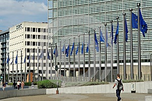 European flags in front of the Berlaymont building, Brussels, Belgium