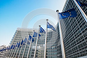 European flags in front of the European Commission headquarters in Brussels, Belgium