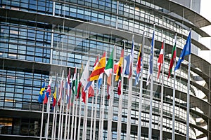 European flags in front of the european parliament