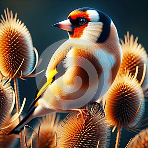 An European goldfinch posing on a teasel