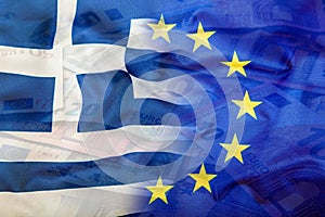 European and Greece flag. Euro money. Euro currency. Colorful waving Euro and greece flag on a euro money background. Symbolic rep