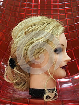 European hairstyle on the head of a mannequin on a red background.