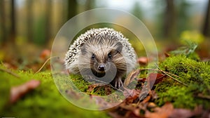 European Hedgehog, on a green moss in the forest, Cute funny animal with snipes. Hedgehog in dark wood, autumn image. Generative