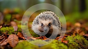 European Hedgehog, on a green moss in the forest, Cute funny animal with snipes. Hedgehog in dark wood, autumn image. Generative