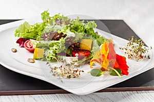 European Italian salad of lettuce, cherry tomatoes, pumpkin, edible pumpkin flowers, and pumpkin seeds, in a white plate.