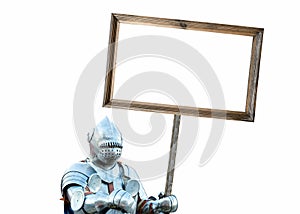 European knight in armor holding a billboard isolated on white background