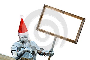 European knight in armor holding a billboard isolated on white background