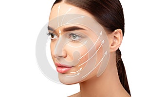 European Lady's Face With Arrows On Smooth Skin, White Background