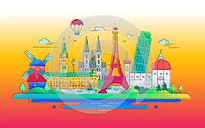 European landmarks flat design composition