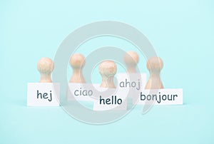 European languages, word hello in different language spoken in Europe, concept of multilingual business and community photo