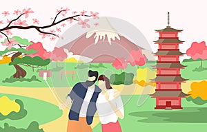 European lovely couple make selfie photo japan asian style temple, landscape mount fuji flat vector illustration