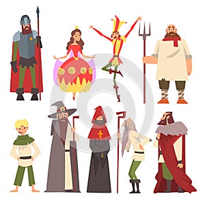 European Medieval Characters Set, Knight, Wizard, King, Princess, Peasant, Jester, People in Historical Costumes Vector