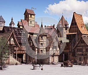 European medieval or fantasy town square on a sunny day