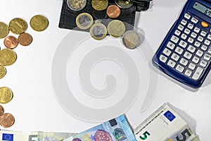 European money with black wallet on white desk as white background with different euro coins and euro bank notes with calculator f