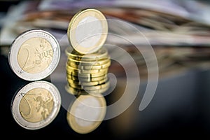 European money coins on black background