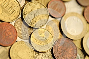 European money euro coins. Shiny coins of European union currency