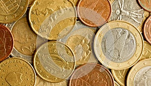 European money euro coins. Shiny coins of European union currency