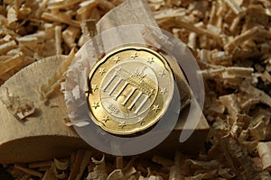 European money. German 20 euro cent coin in a carpenter's workshop.