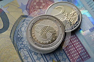 European money. Lithuanian 2 euro coin Basketball in Lithuania.