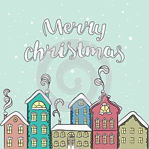 European multi-colored house. Christmas card. New Year`s and Christmas. Vector illustration for a card or poster.