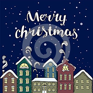 European multi-colored house. Christmas card. New Year`s and Christmas. Vector illustration for a card or poster.