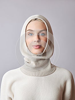 European Muslim woman with a blonde hair in a bonnet hood dressed on her head. Beautiful girl in sweater with soft skin, natural