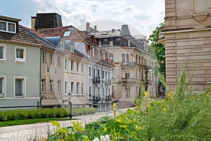 European old ancient city street and hotel sign