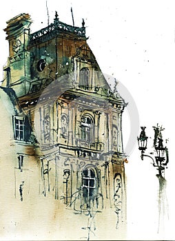 European old building and street lamp post raster watercolor illustration