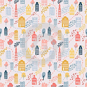 European old houses. Hand drawn seamless pattern with old european buildings. German, Netherlands style homes. Cute