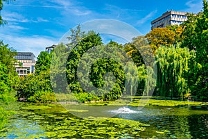 European parliament behind a lake at park Leopold, Brussels, Belgium