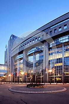 The European Parliament building in Brussels (Bruxelles), Belgium, by night