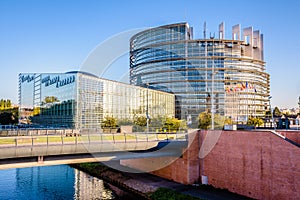 The European Parliament building by the Marne-Rhine canal in Strasbourg, France