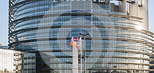 European Parliament building in Strasbourg with all flags