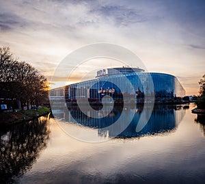 European Parliament building in Strasbourg at dusk